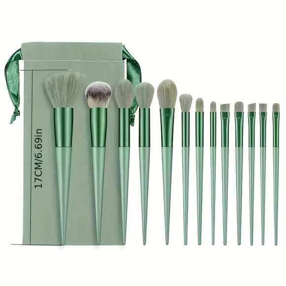 13pcs Green Makeup Brush Set Women's Makeup Goat Hair Tools Professional - Picture 3 of 9